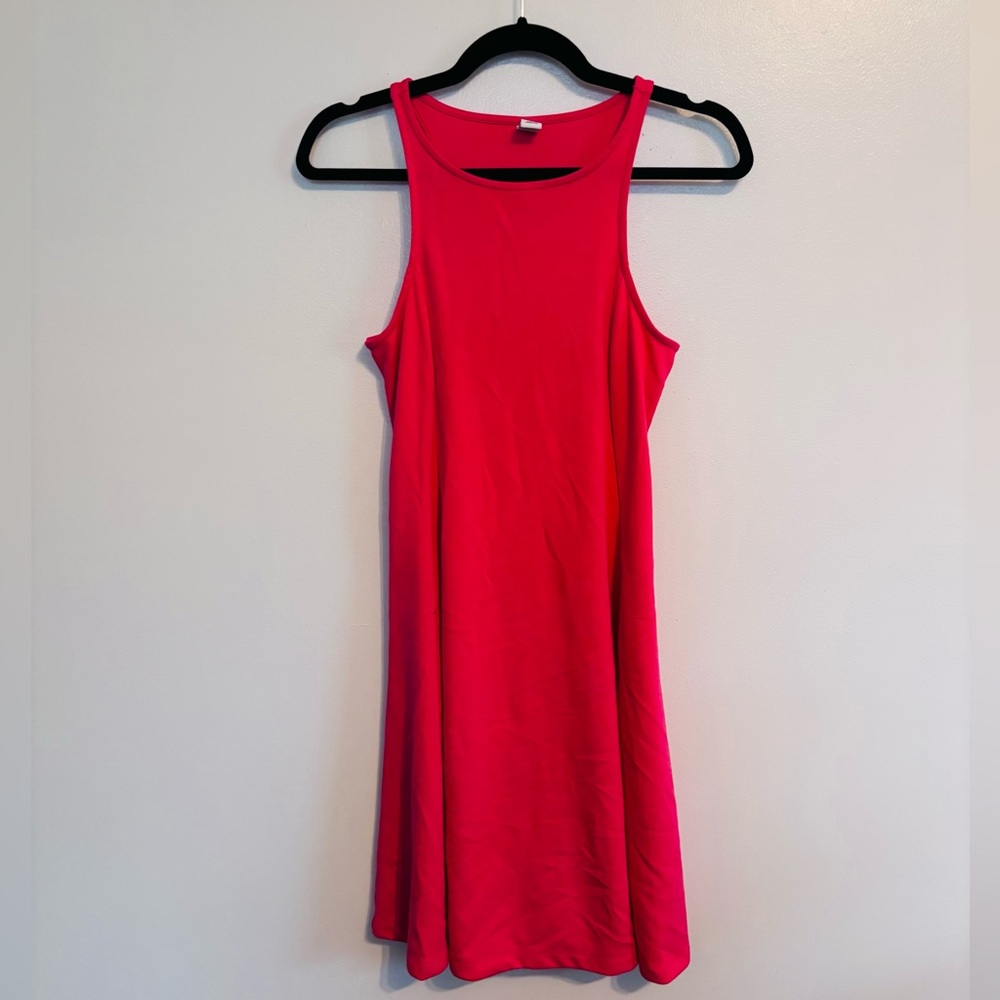 Old Navy red pink high neckline dress with a flared skirt size small